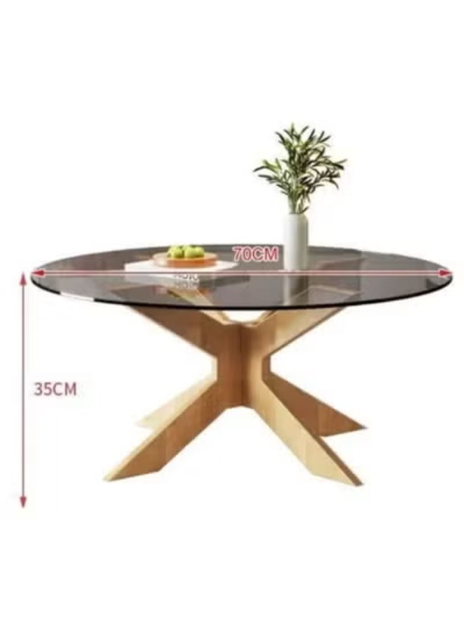 رافين طاولة قهوة دائرية حديثة من الزجاج بقاعدة خشبية متقاطعة - طاولة مركزية لغرفة المعيشة بسطح من الزجاج المقسّى 70×70×35 سم - Image 3