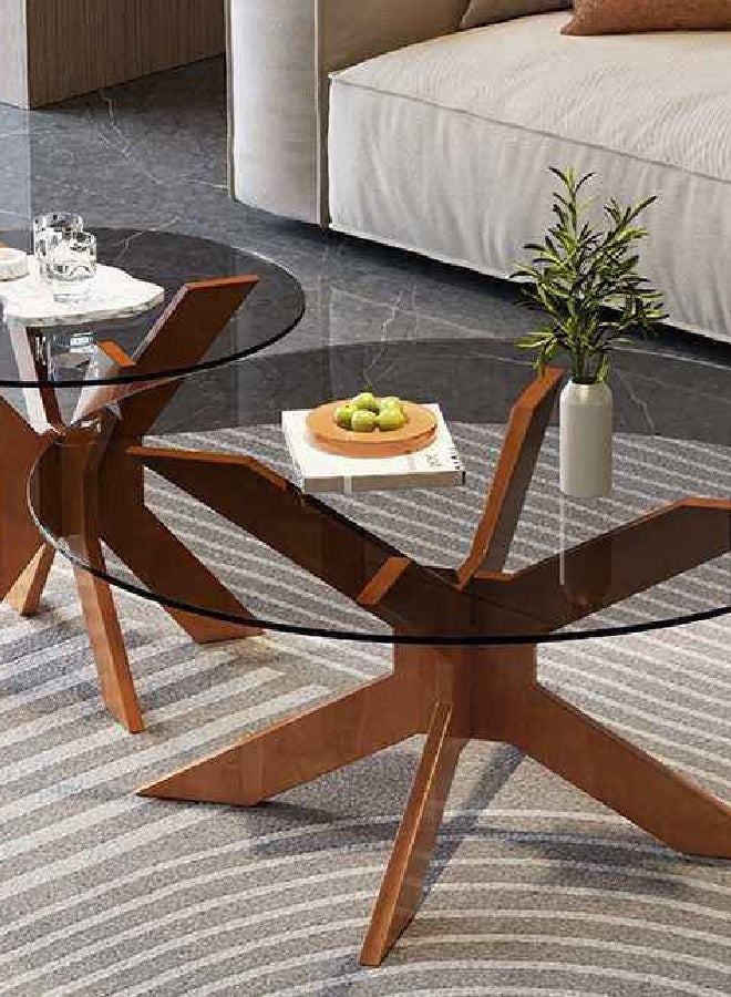 رافين طاولة قهوة دائرية حديثة من الزجاج بقاعدة خشبية متقاطعة - طاولة مركزية لغرفة المعيشة بسطح من الزجاج المقسّى 70×70×35 سم - Image 4