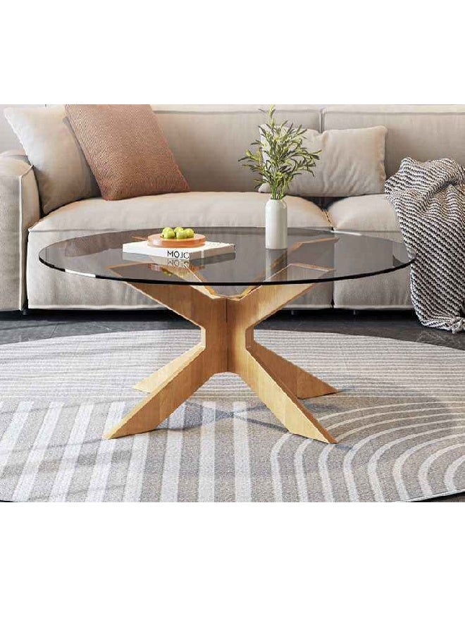 رافين طاولة قهوة دائرية حديثة من الزجاج بقاعدة خشبية متقاطعة - طاولة مركزية لغرفة المعيشة بسطح من الزجاج المقسّى 70×70×35 سم - Image 5