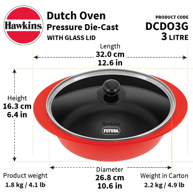 Hawkins Hawkins 3 Litre Dutch Oven Nonstick Biryani Pot Red Ceramic Coated Casserole Cooking Pot Saute Pan Red DCDO3G  - Image 3