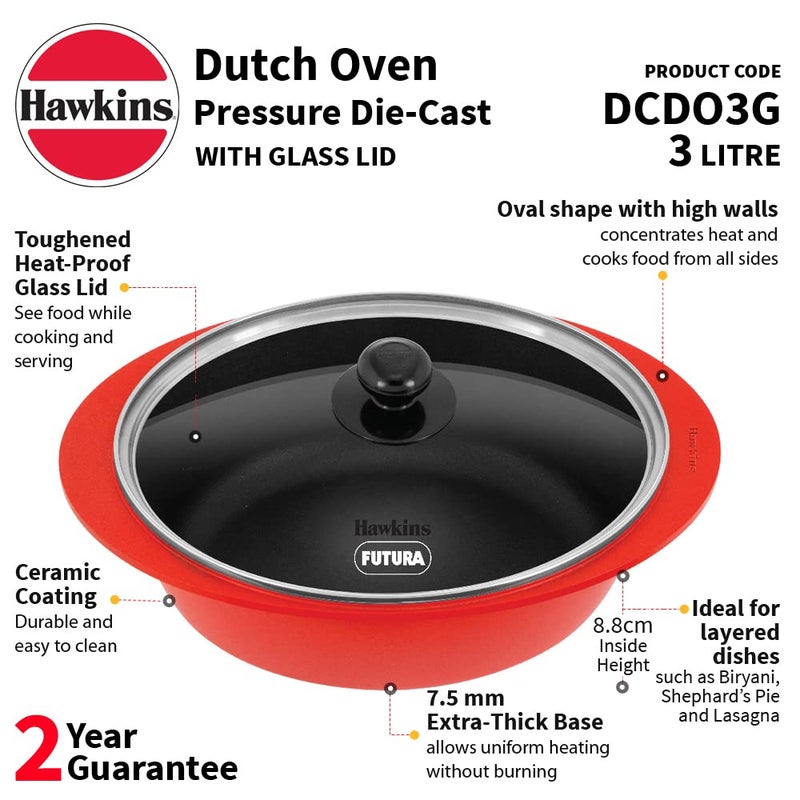 Hawkins Hawkins 3 Litre Dutch Oven Nonstick Biryani Pot Red Ceramic Coated Casserole Cooking Pot Saute Pan Red DCDO3G  - Image 2