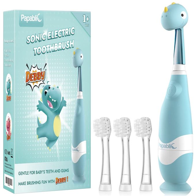 Papablic Toddler Sonic Electric Toothbrush For Ages 1-3 Years, Baby Electric Toothbrush With Cute Dino Cover And Smart Led Timer, 4 Brush Heads (Debby) - Image 4