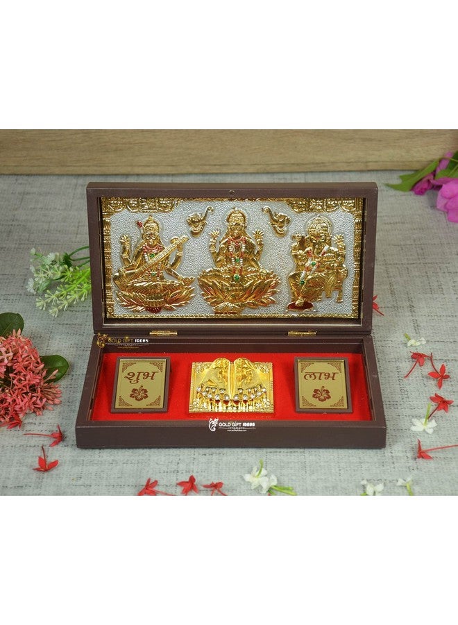 GoldGiftIdeas أفكار هدايا ذهبية إطار صورة لاكشمي غانيشا ساراتسواتي مطلي بالذهب عيار 24 مع صندوق تشاران بادوكا، هدايا تدشين المنزل، هدايا عودة للبويا - Image 5