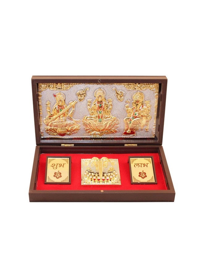 GoldGiftIdeas أفكار هدايا ذهبية إطار صورة لاكشمي غانيشا ساراتسواتي مطلي بالذهب عيار 24 مع صندوق تشاران بادوكا، هدايا تدشين المنزل، هدايا عودة للبويا - Image 1