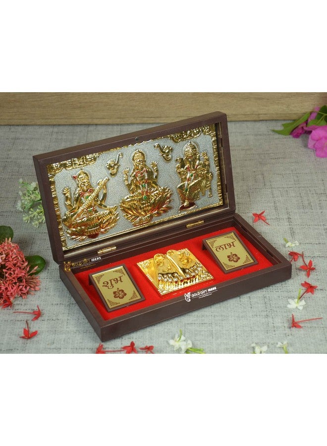 GoldGiftIdeas أفكار هدايا ذهبية إطار صورة لاكشمي غانيشا ساراتسواتي مطلي بالذهب عيار 24 مع صندوق تشاران بادوكا، هدايا تدشين المنزل، هدايا عودة للبويا - Image 4