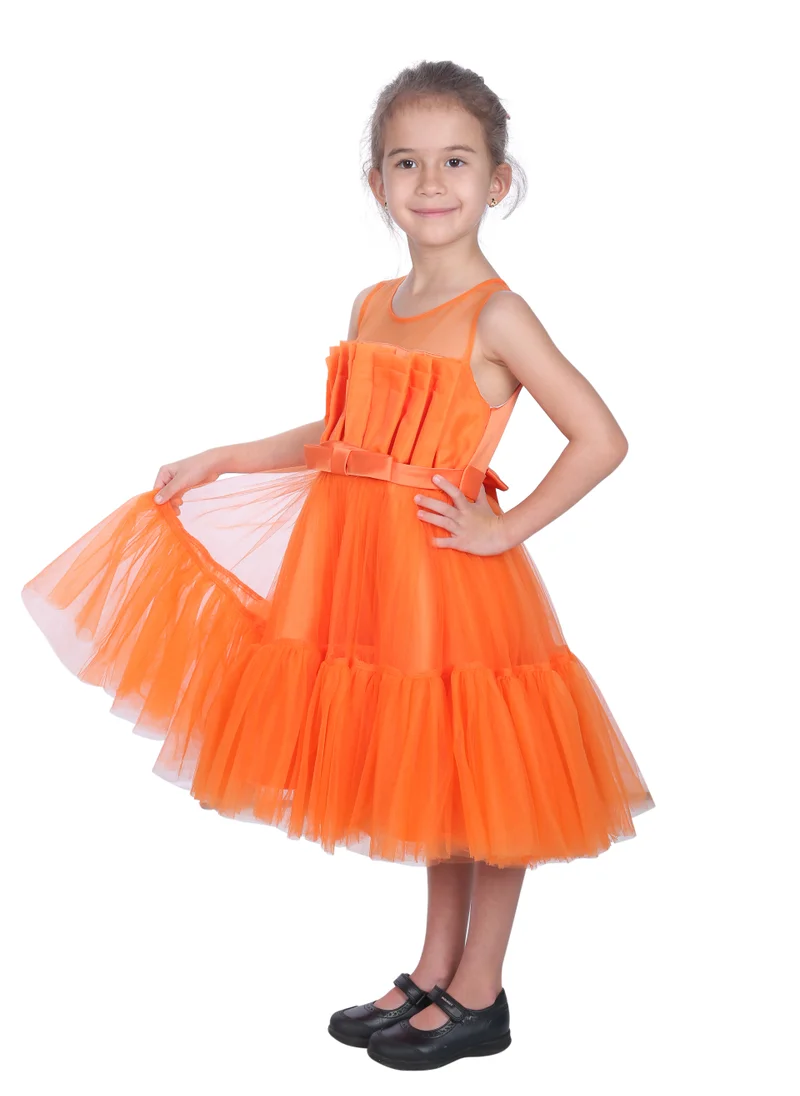 D'Daniela Toddler Girls Bow Front Ruffle Hem Mesh Gown Dress Light Orange TI