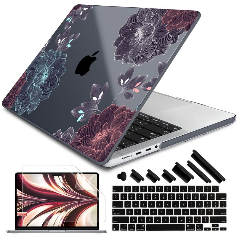DONGKE for M4 MacBook Pro 14 inch Case 2024 2023 2021 A3112 A3401 A3185 M3 A2918 A2992 M2 A2779 M1 A2442 Pro Max with Retina XDR Display Touch ID Plastic Hard Shell Cover Dahlia Flowers