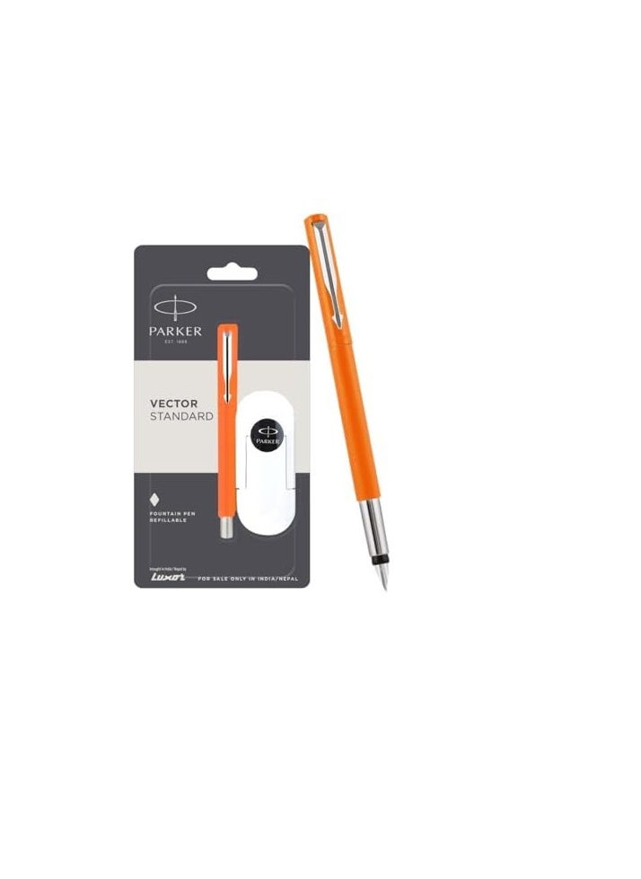 PARKER Parker Vector Standard Chrome Trim Fountain Pen (Fine Nib) | Orange Body Color With 3 Ink Cartridge | Gift For Leading Entrepresenurs | Leading Pen For Professionals  - Image 1