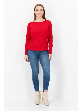 Zero Women Boat Neck Long Sleeve Textured Sweater, Red  - Image 4