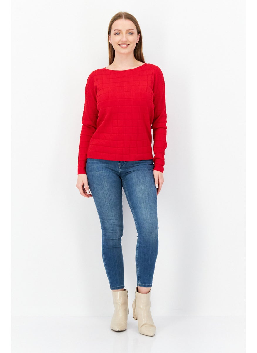 Zero Women Boat Neck Long Sleeve Textured Sweater, Red  - Image 4
