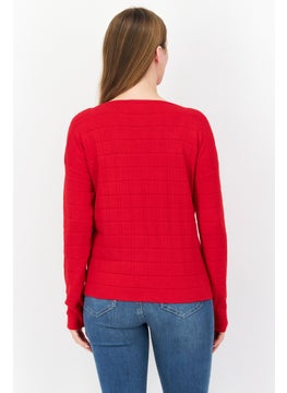 Zero Women Boat Neck Long Sleeve Textured Sweater, Red  - Image 3