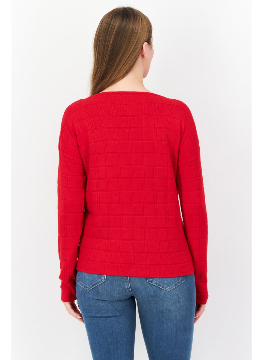 Zero Women Boat Neck Long Sleeve Textured Sweater, Red  - Image 3