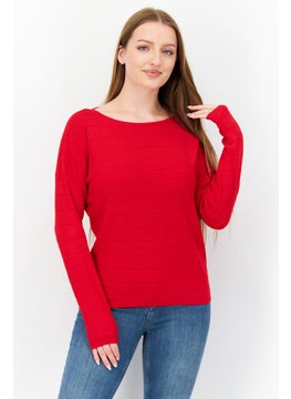 Zero Women Boat Neck Long Sleeve Textured Sweater, Red  - Image 1