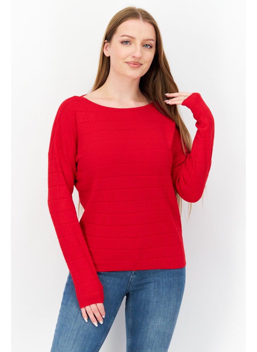 Zero Women Boat Neck Long Sleeve Textured Sweater, Red  - Image 1