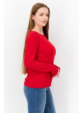 Zero Women Boat Neck Long Sleeve Textured Sweater, Red  - Image 2