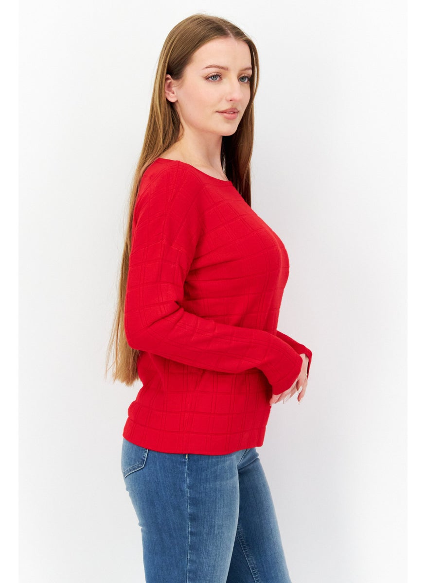 Zero Women Boat Neck Long Sleeve Textured Sweater, Red  - Image 2