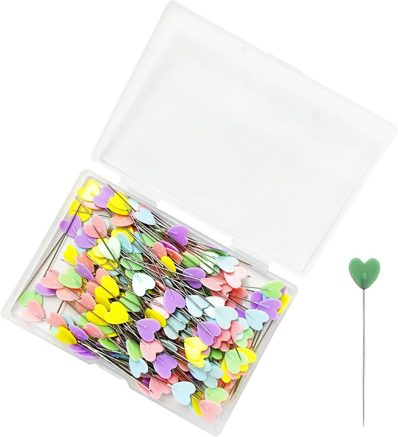 MAXQUU Pack of 200 Heart Shaped Pins, Sewing Needles, Long Pins, Positioning Pins, Quilting Pins, Colourful Straight Pins, Long Pins for DIY Sewing - Image 1