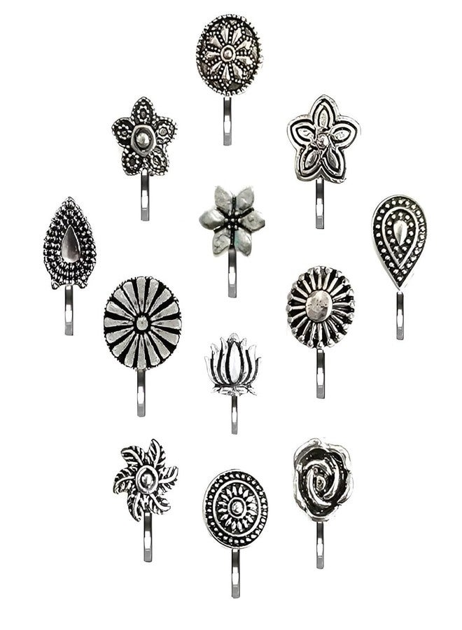 Inites (12 Pcs Traditional Oxidised Silver Metal Non Piercing Clip On NosePin Stud |Without Piercing Nosepin Ring Studs For Womens And Girls - Image 4