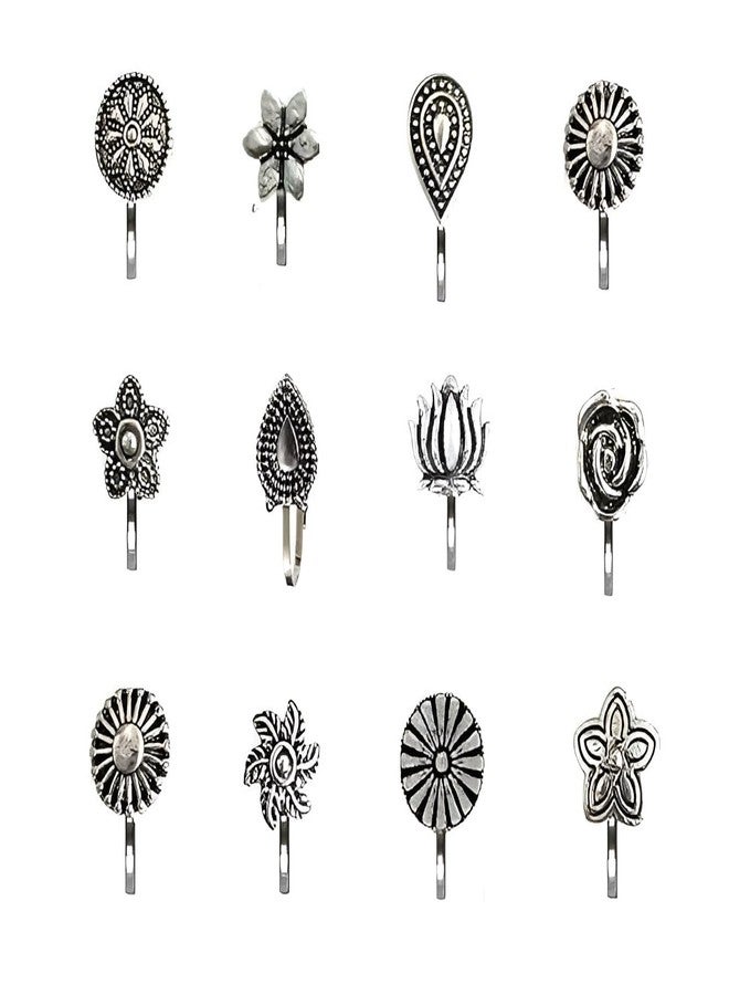 Inites (12 Pcs Traditional Oxidised Silver Metal Non Piercing Clip On NosePin Stud |Without Piercing Nosepin Ring Studs For Womens And Girls - Image 1