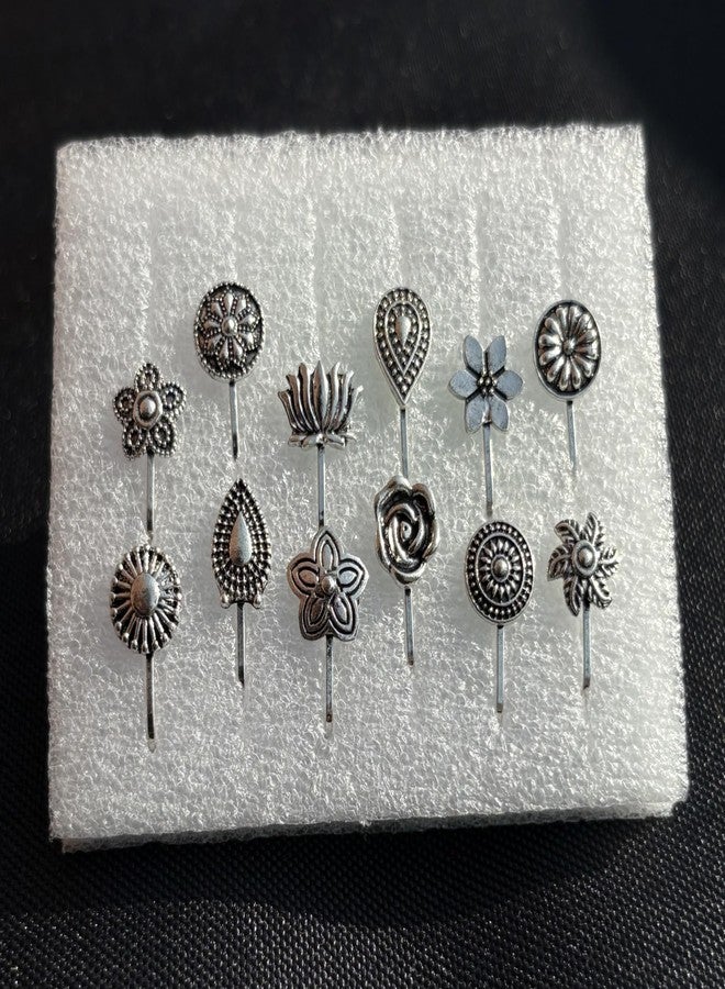 Inites (12 Pcs Traditional Oxidised Silver Metal Non Piercing Clip On NosePin Stud |Without Piercing Nosepin Ring Studs For Womens And Girls - Image 5