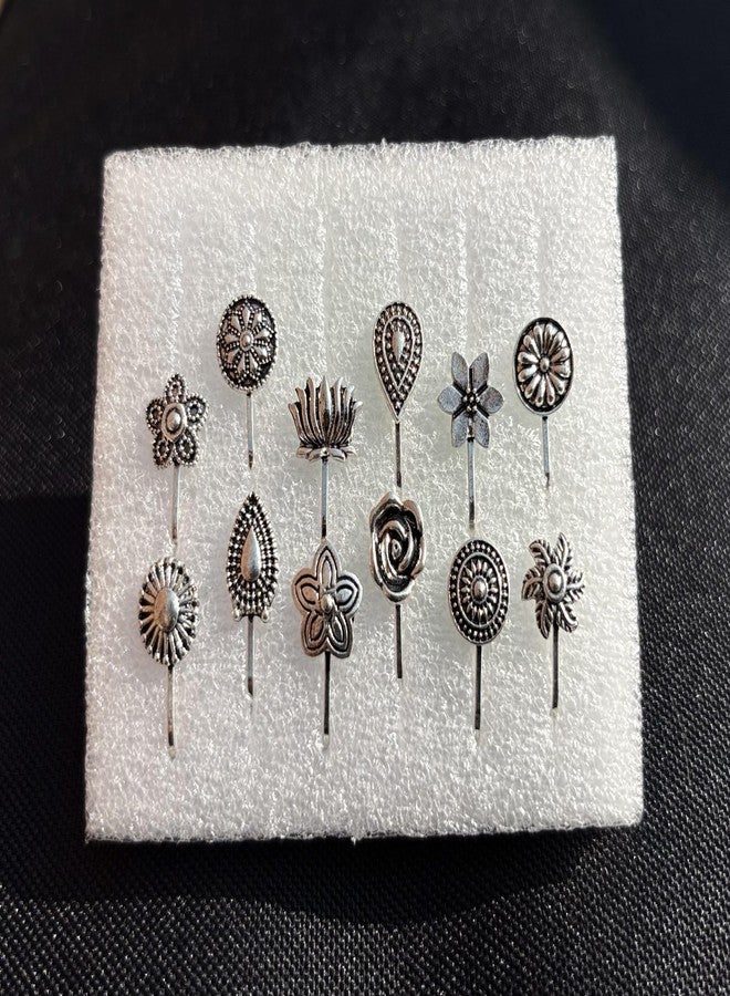 Inites (12 Pcs Traditional Oxidised Silver Metal Non Piercing Clip On NosePin Stud |Without Piercing Nosepin Ring Studs For Womens And Girls - Image 3