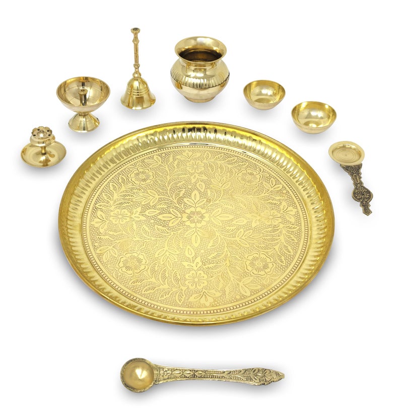 BENGALEN Brass Pooja Thali Set with Blue Gift Box 10 Inch Pital Puja Thali Dhup Dan Kalash Palli Ghanti Bowls Kappur Arti Spoon Diya for Diwali Home Mandir Office Wedding Return Gifts Items - Image 3