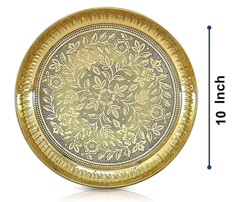 BENGALEN Brass Pooja Thali Set with Blue Gift Box 10 Inch Pital Puja Thali Dhup Dan Kalash Palli Ghanti Bowls Kappur Arti Spoon Diya for Diwali Home Mandir Office Wedding Return Gifts Items - Image 2