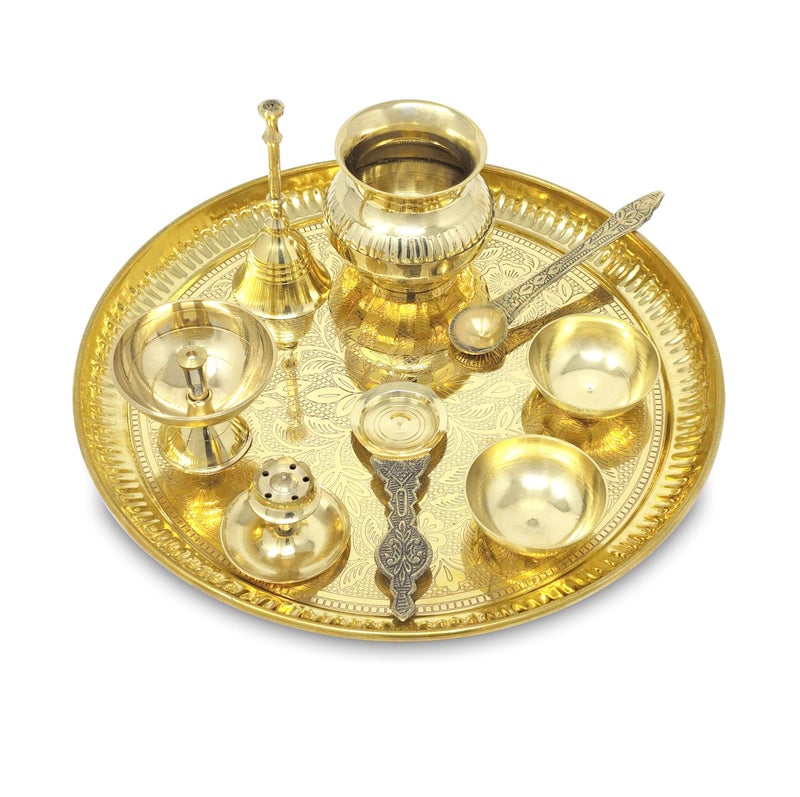 BENGALEN Brass Pooja Thali Set with Blue Gift Box 10 Inch Pital Puja Thali Dhup Dan Kalash Palli Ghanti Bowls Kappur Arti Spoon Diya for Diwali Home Mandir Office Wedding Return Gifts Items - Image 4
