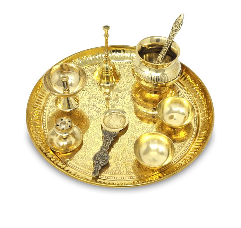 BENGALEN Brass Pooja Thali Set with Blue Gift Box 10 Inch Pital Puja Thali Dhup Dan Kalash Palli Ghanti Bowls Kappur Arti Spoon Diya for Diwali Home Mandir Office Wedding Return Gifts Items - Image 5