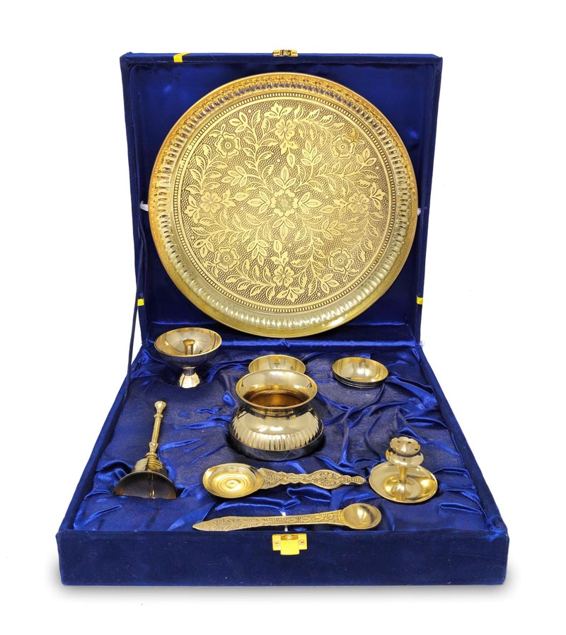 BENGALEN Brass Pooja Thali Set with Blue Gift Box 10 Inch Pital Puja Thali Dhup Dan Kalash Palli Ghanti Bowls Kappur Arti Spoon Diya for Diwali Home Mandir Office Wedding Return Gifts Items - Image 1
