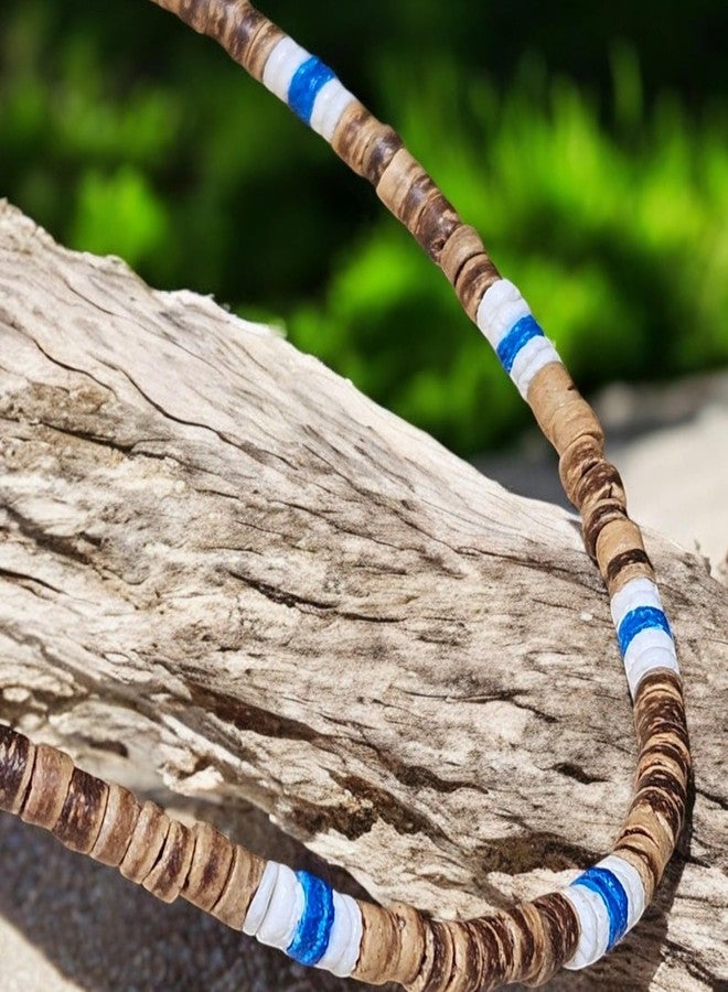 BlueRica Puka & Tiger Brown Coconut Shell Beads Necklace (18") (Blue) - Image 4