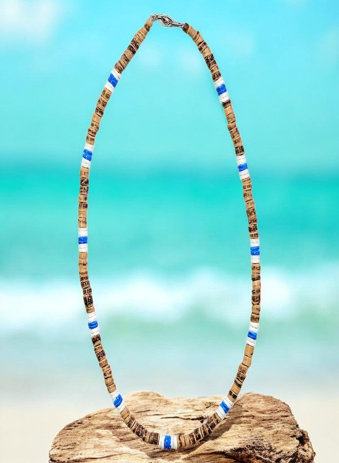 BlueRica Puka & Tiger Brown Coconut Shell Beads Necklace (18") (Blue) - Image 3