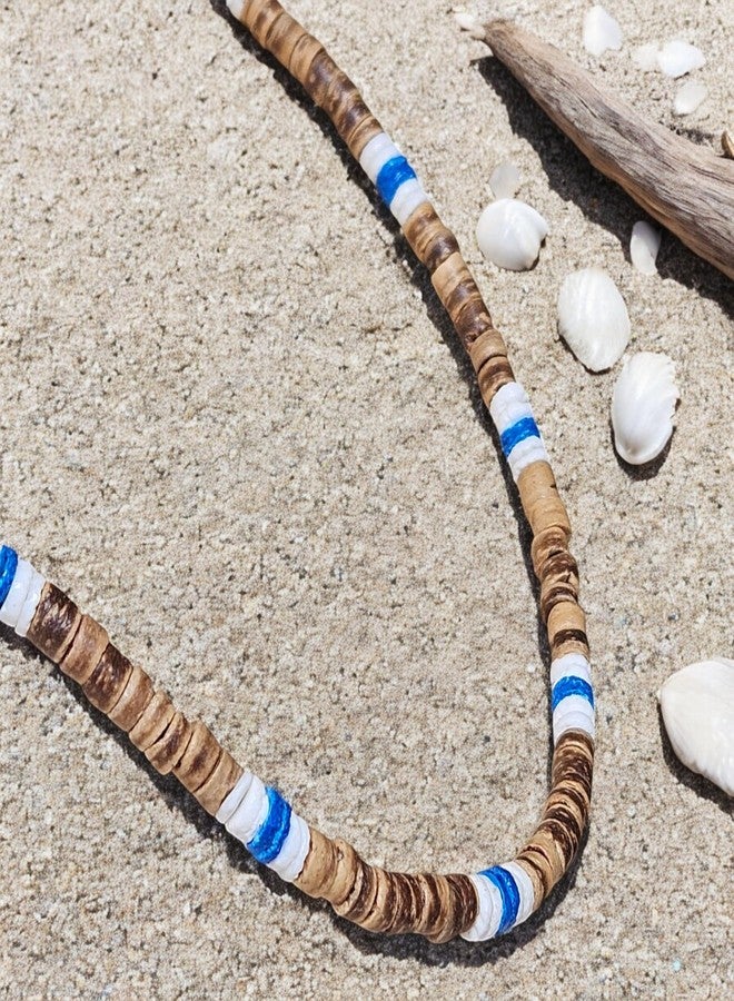 BlueRica Puka & Tiger Brown Coconut Shell Beads Necklace (18") (Blue) - Image 2