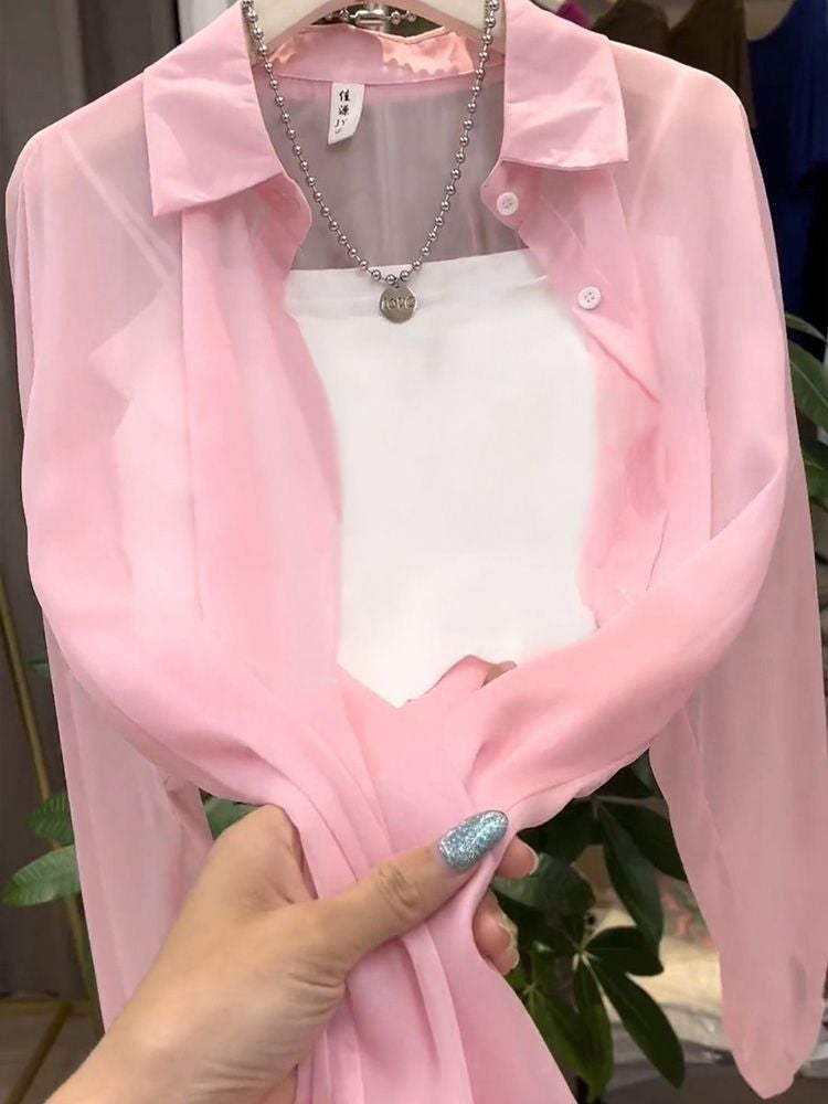 2024 Summer Sheer Chiffon Sunscreen Shirt for Women Pink