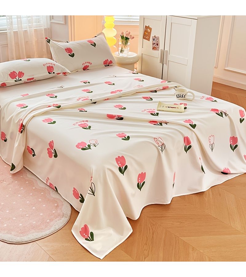 Aloe Vera Print Single Bed Sheet 70.87 by 89.37 Inches Small Tulip Pattern Right Angle Design Drapable Easy Care - Image 2