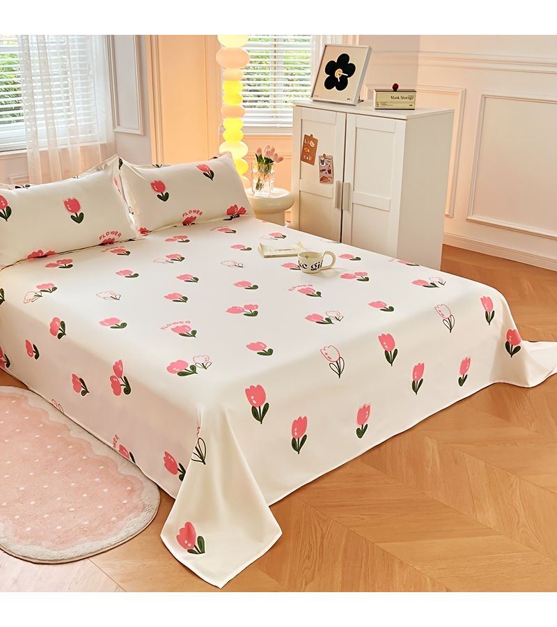 Aloe Vera Print Single Bed Sheet 70.87 by 89.37 Inches Small Tulip Pattern Right Angle Design Drapable Easy Care - Image 5