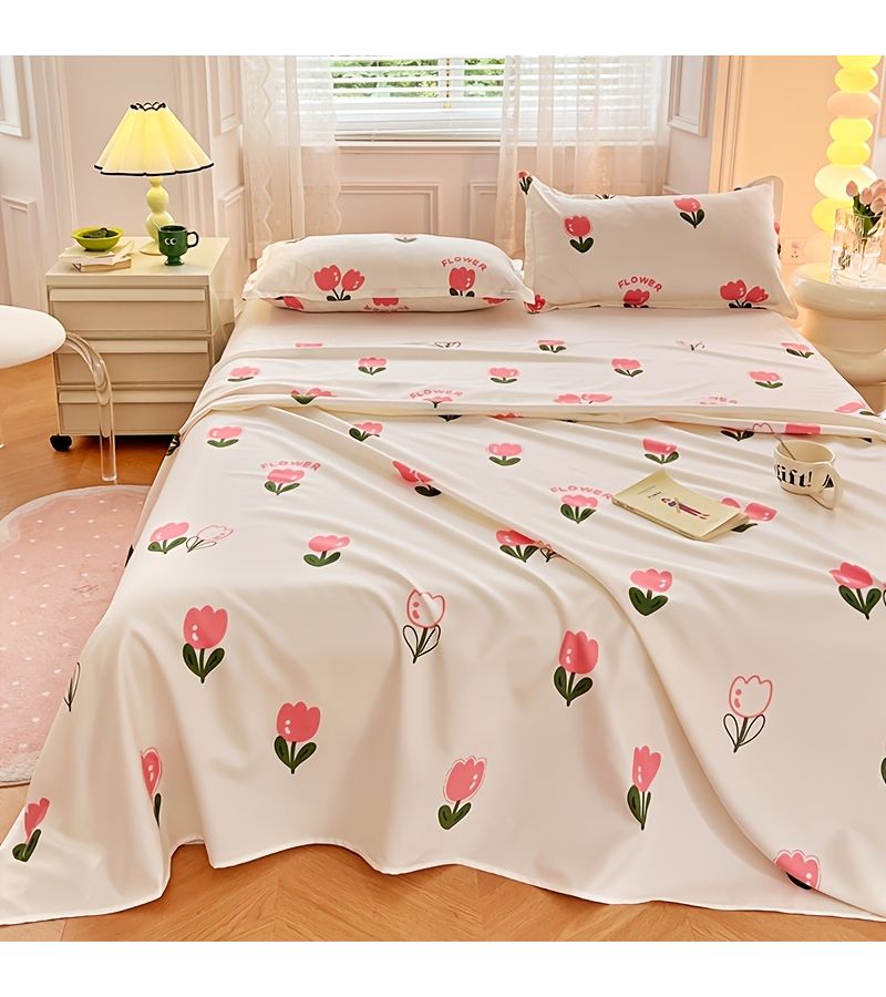 Aloe Vera Print Single Bed Sheet 70.87 by 89.37 Inches Small Tulip Pattern Right Angle Design Drapable Easy Care - Image 4