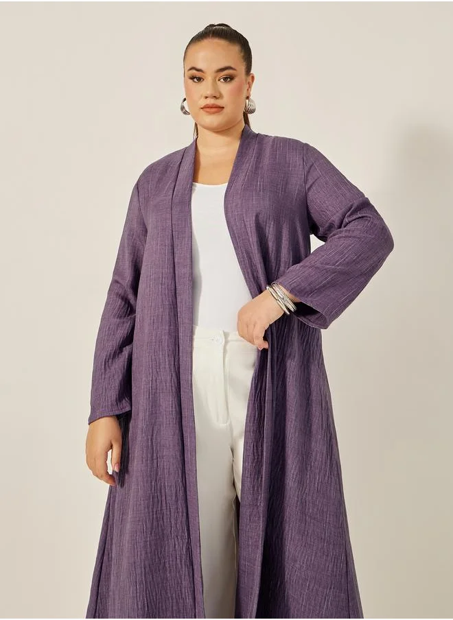 Styli Plus Size Striped Abaya with Back Pleated Detail