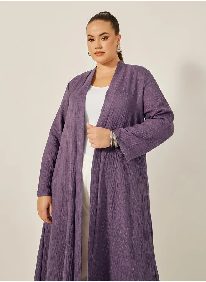 Styli Plus Size Striped Abaya with Back Pleated Detail