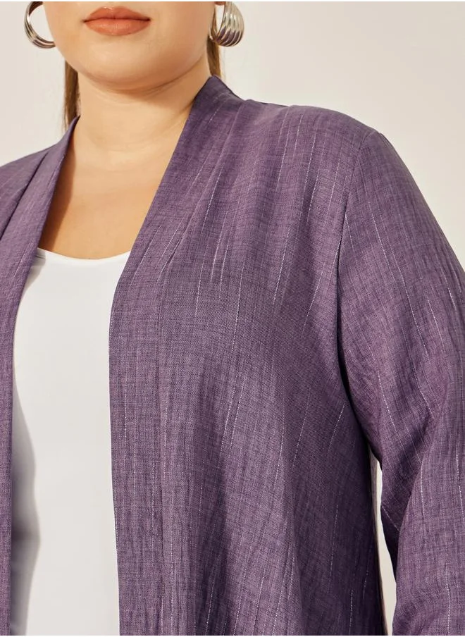 Styli Plus Size Striped Abaya with Back Pleated Detail