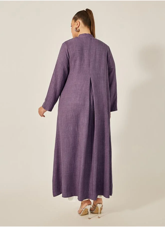 Styli Plus Size Striped Abaya with Back Pleated Detail