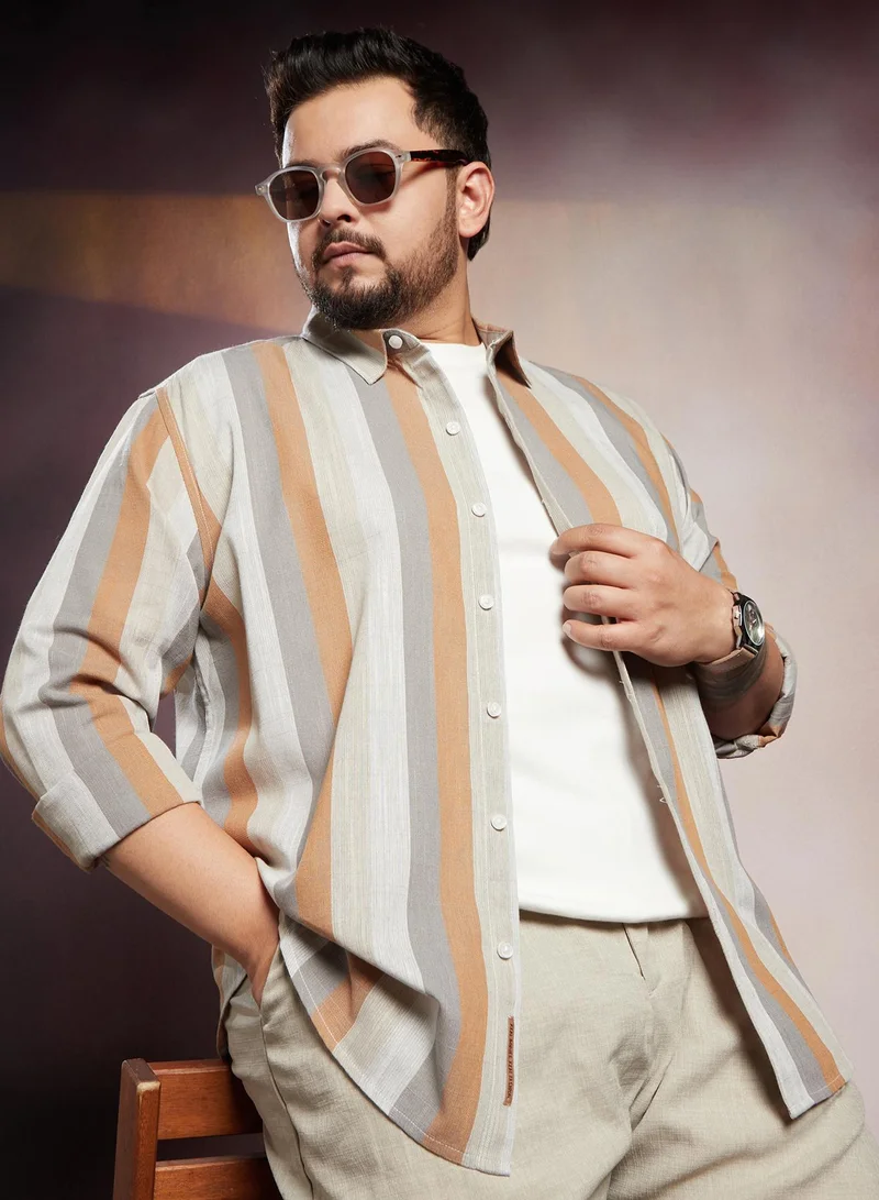 Instafab Plus Instafab Plus Men's Copper Brown & Peanut Brown Block-Striped Shirt For Casual Wear | Spread Collar | Long Cuffed Sleeves | Button Closure | Plus Size Shirt Crafted With Comfort Fit For Everyday Wear