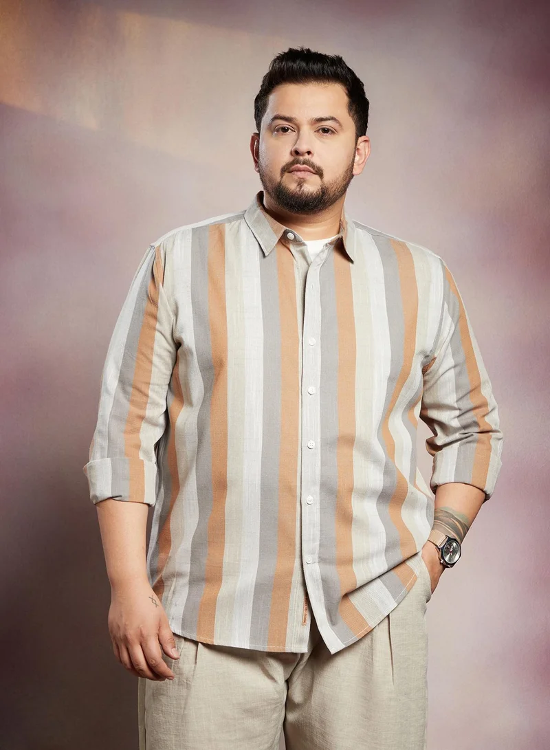 Instafab Plus Instafab Plus Men's Copper Brown & Peanut Brown Block-Striped Shirt For Casual Wear | Spread Collar | Long Cuffed Sleeves | Button Closure | Plus Size Shirt Crafted With Comfort Fit For Everyday Wear
