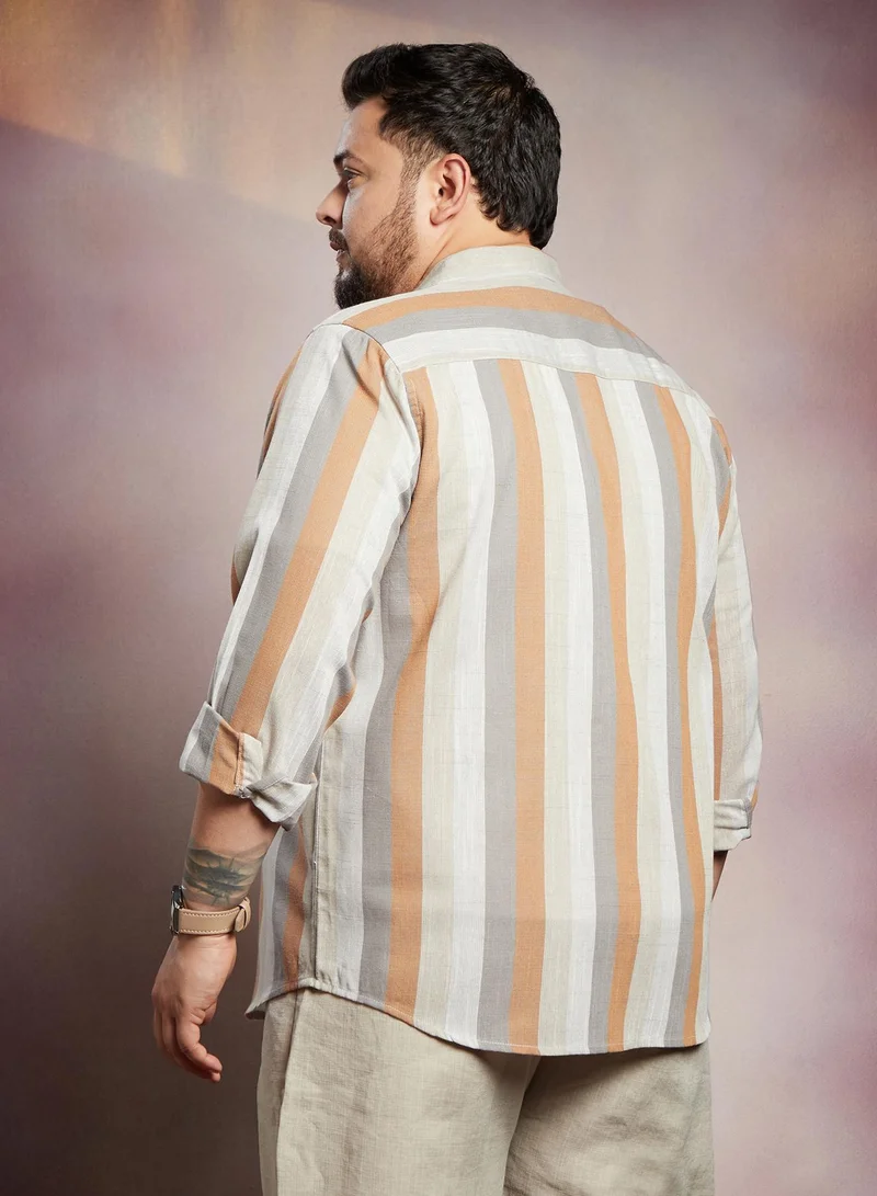 Instafab Plus  Instafab Plus Men's Copper Brown & Peanut Brown Block-Striped Shirt For Casual Wear | Spread Collar | Long Cuffed Sleeves | Button Closure | Plus Size Shirt Crafted With Comfort Fit For Everyday Wear for Men | Best Price UAE