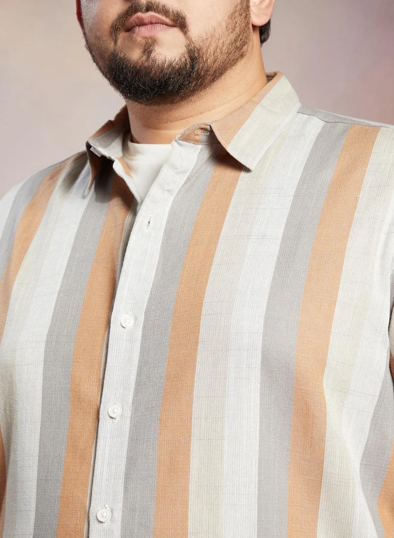 Instafab Plus  Instafab Plus Men's Copper Brown & Peanut Brown Block-Striped Shirt For Casual Wear | Spread Collar | Long Cuffed Sleeves | Button Closure | Plus Size Shirt Crafted With Comfort Fit For Everyday Wear for Men | Best Price UAE