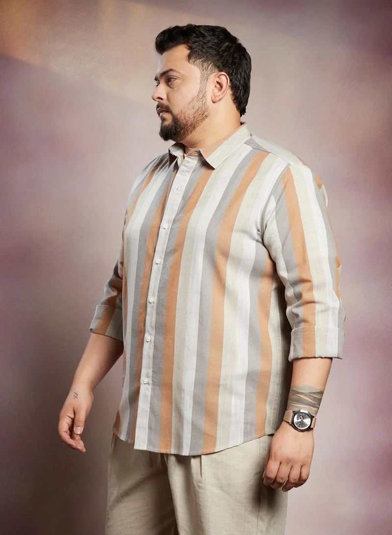 Instafab Plus  Instafab Plus Men's Copper Brown & Peanut Brown Block-Striped Shirt For Casual Wear | Spread Collar | Long Cuffed Sleeves | Button Closure | Plus Size Shirt Crafted With Comfort Fit For Everyday Wear for Men | Best Price UAE