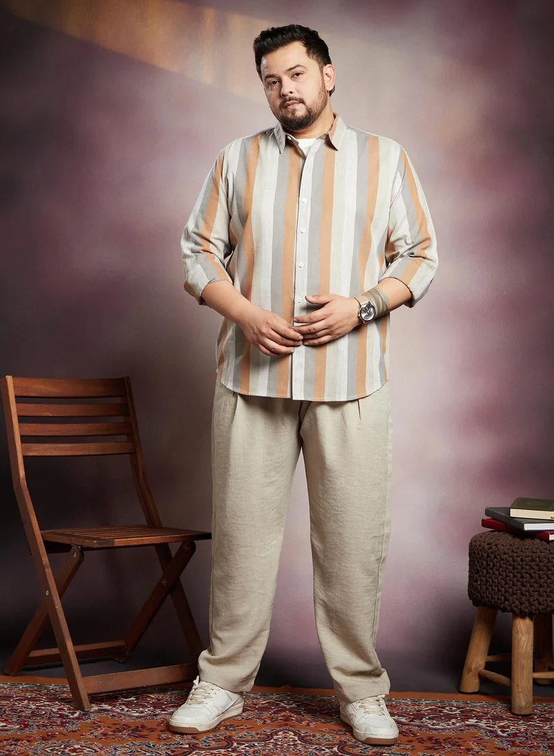 Instafab Plus  Instafab Plus Men's Copper Brown & Peanut Brown Block-Striped Shirt For Casual Wear | Spread Collar | Long Cuffed Sleeves | Button Closure | Plus Size Shirt Crafted With Comfort Fit For Everyday Wear for Men | Best Price UAE