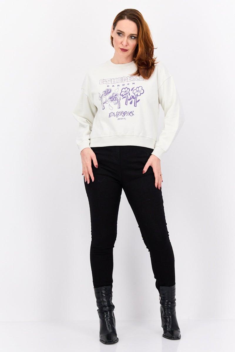 Misfit Women Crew Neck Graphic Print Long Sleeves Sweatshirt, Off White - Image 4