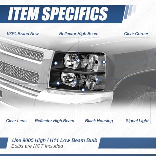 Auto Dynasty Halogen Headlights Assembly Compatible with Chevy Silverado 1500 2500HD 3500 GMT900 2007 2008 2009 2010 2011 2012 2013 2014, Driver and Passenger Side, Black Housing - Image 2
