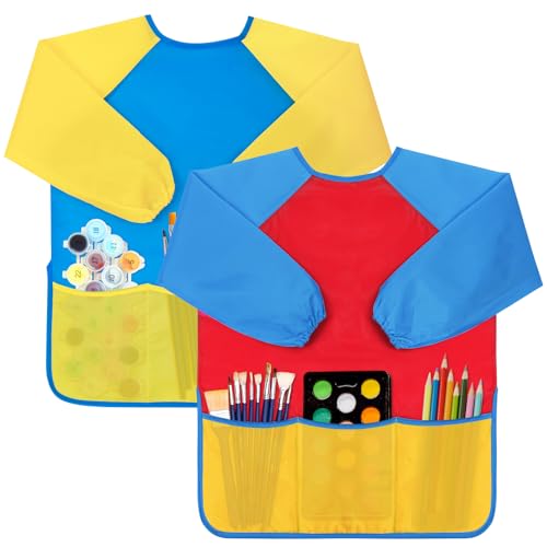 Bassion 2 Pack Kids Art Smock Toddlers Painting Aprons Colorful Waterproof Children Artist Smock with Long Sleeve 3 Roomy Pockets for Age 28 Years GiftsYellow Blue - Image 1